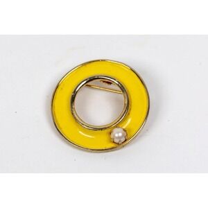 Vintage JJ Jonette Jewelry Mod Yellow Enamel Circle Brooch with Faux Pearl 1960s